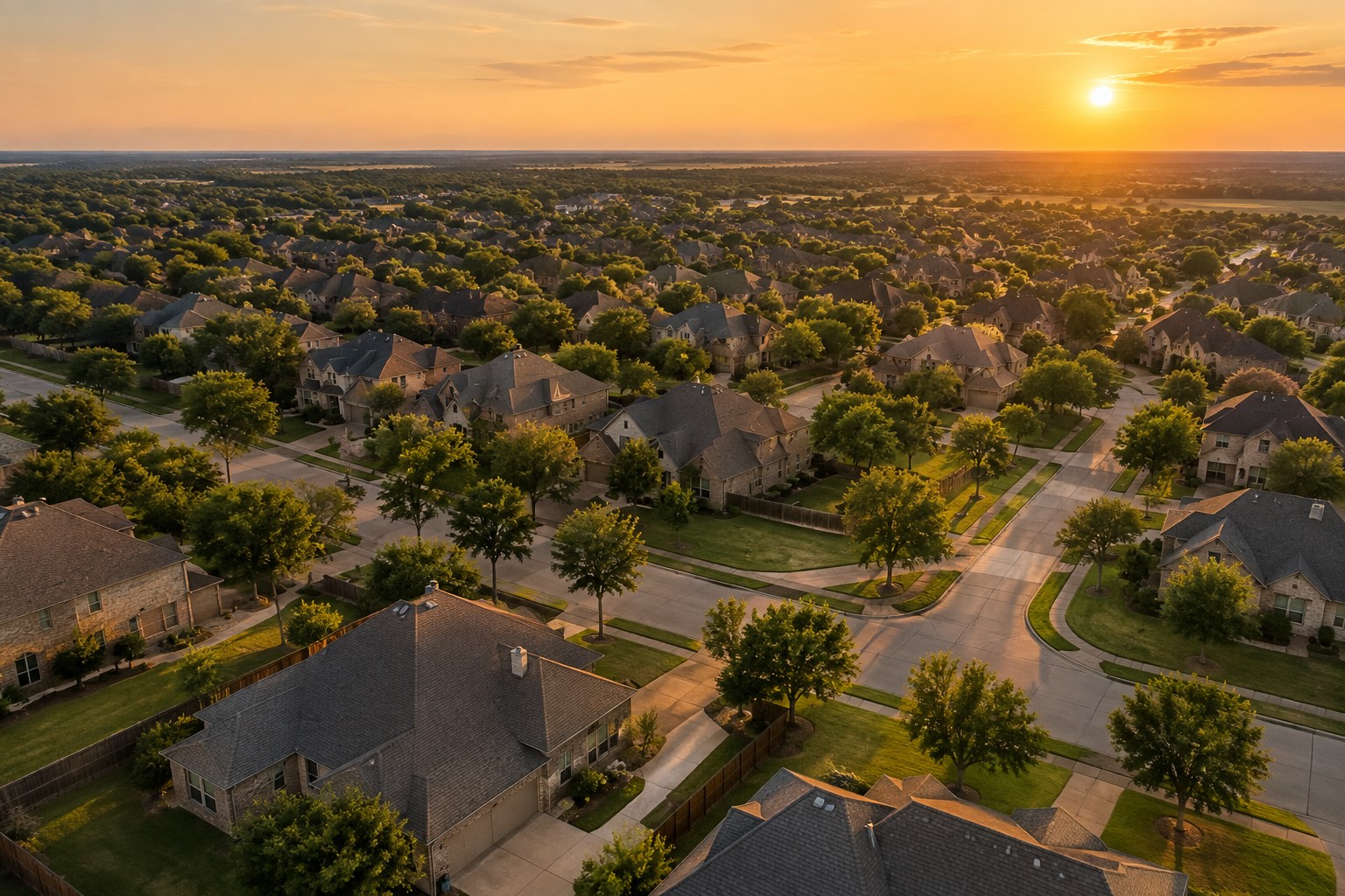 A North Texas neighborhood at golden hour, illustrative