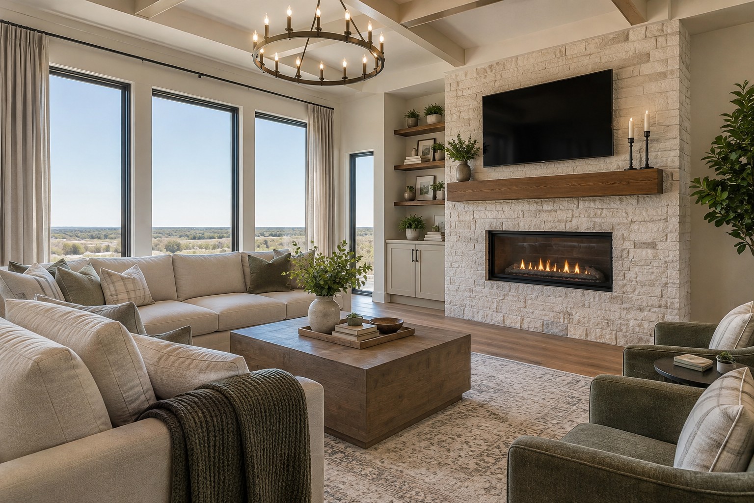 A warm North Texas living room, illustrative